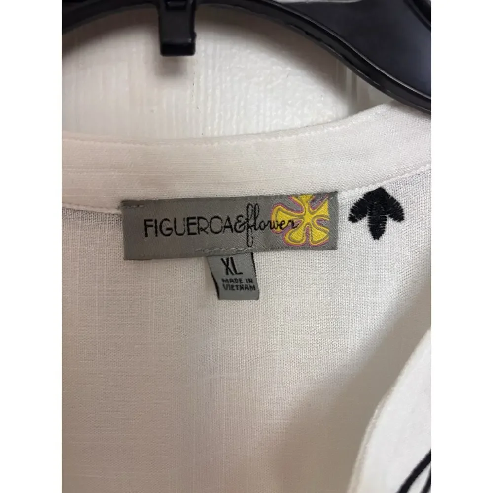 Anthropologie Fig & Flower White Black Embroidered V-Neck Blouse XL Boho